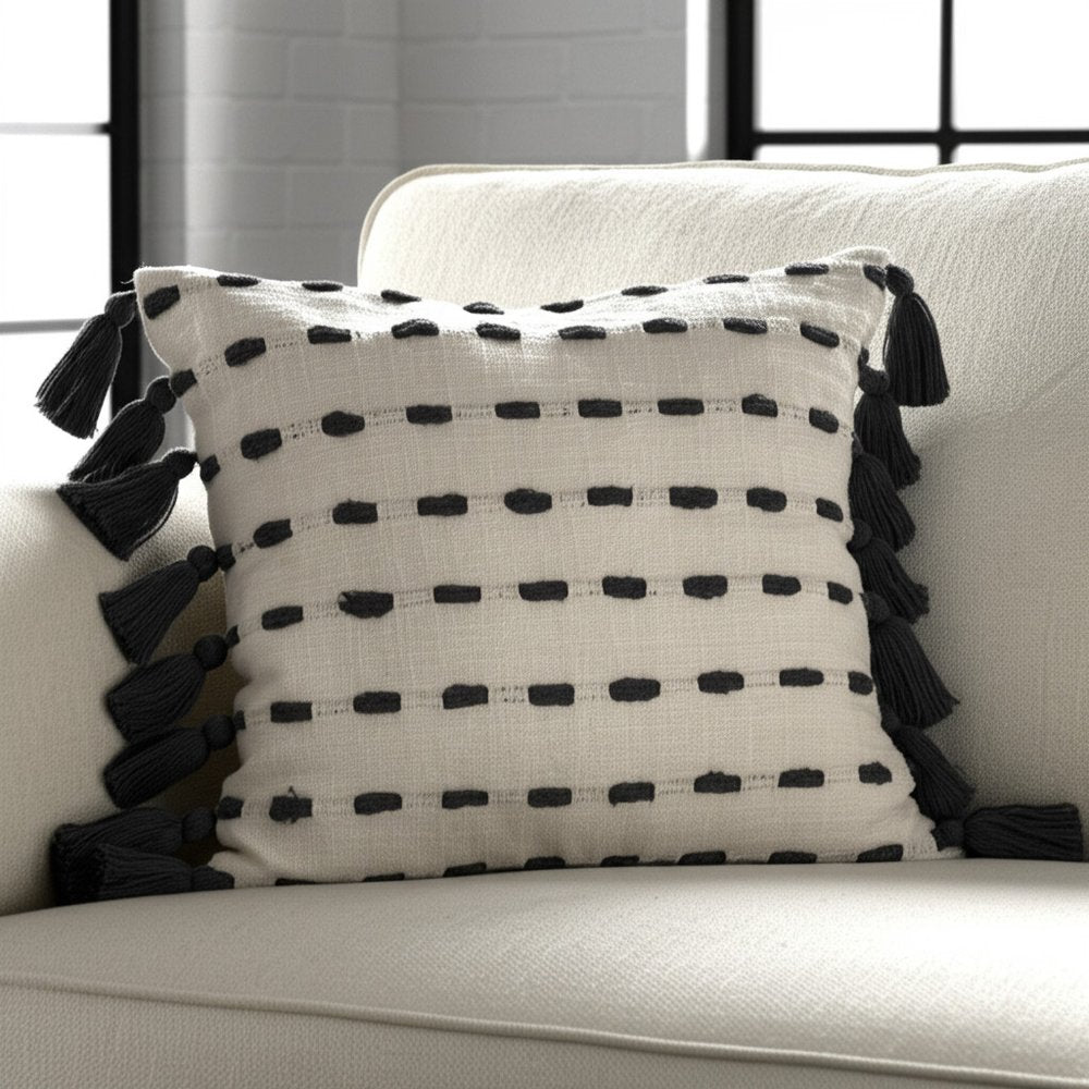 20" Black And Cream Cotton Geometric Throw Pillow with Tassels