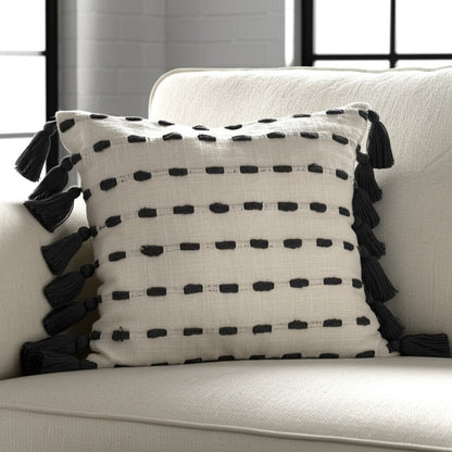20" Black And Cream Cotton Geometric Throw Pillow with Tassels