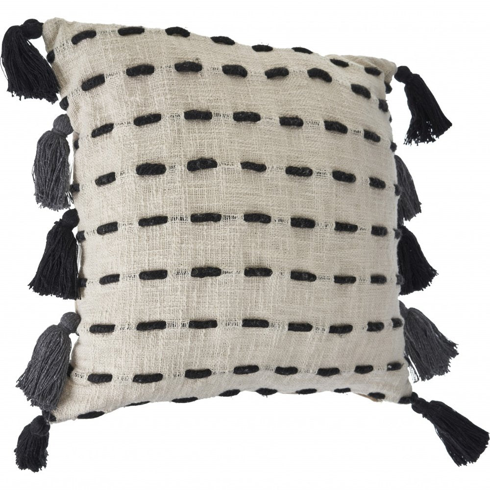 20" Black And Cream Cotton Geometric Throw Pillow with Tassels