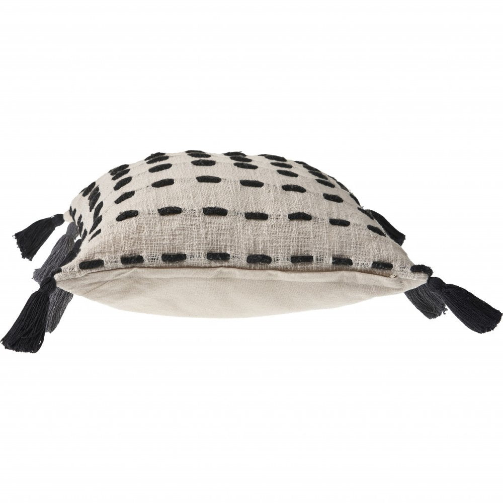 20" Black And Cream Cotton Geometric Throw Pillow with Tassels