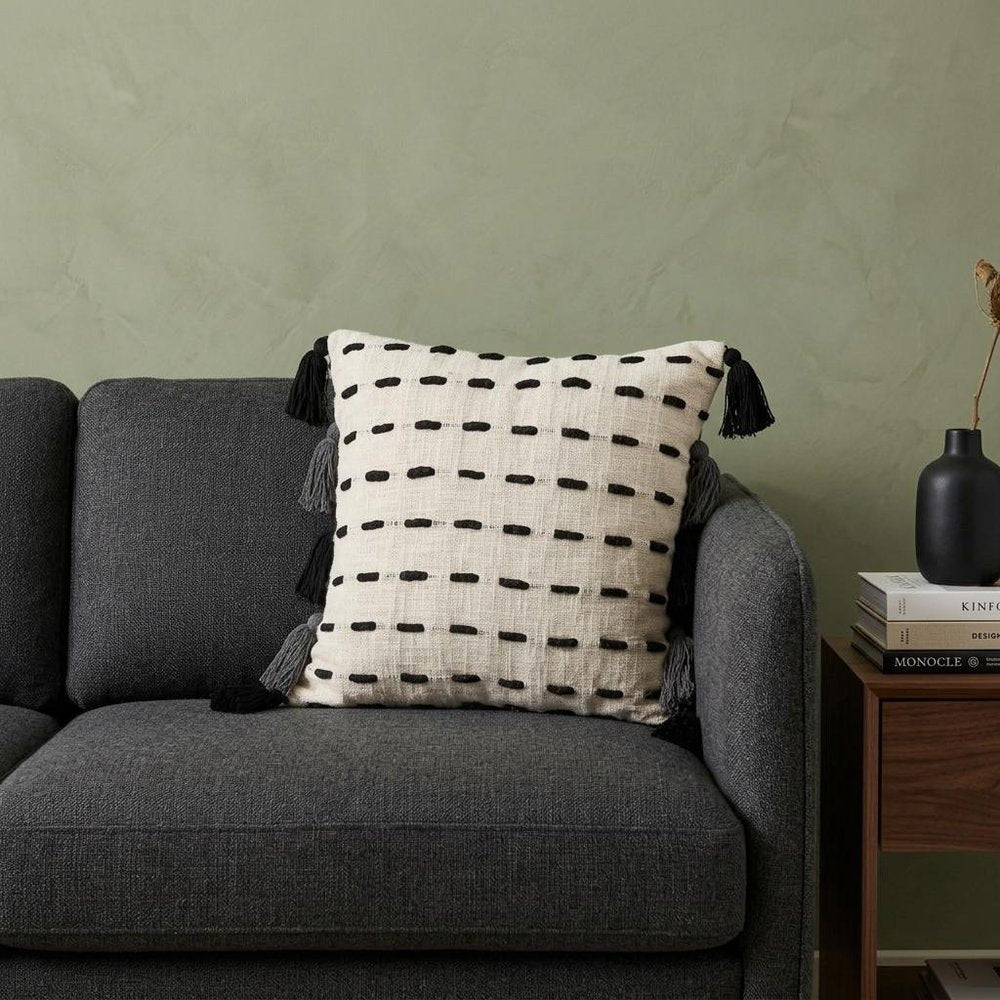 20" Black And Cream Cotton Geometric Throw Pillow with Tassels