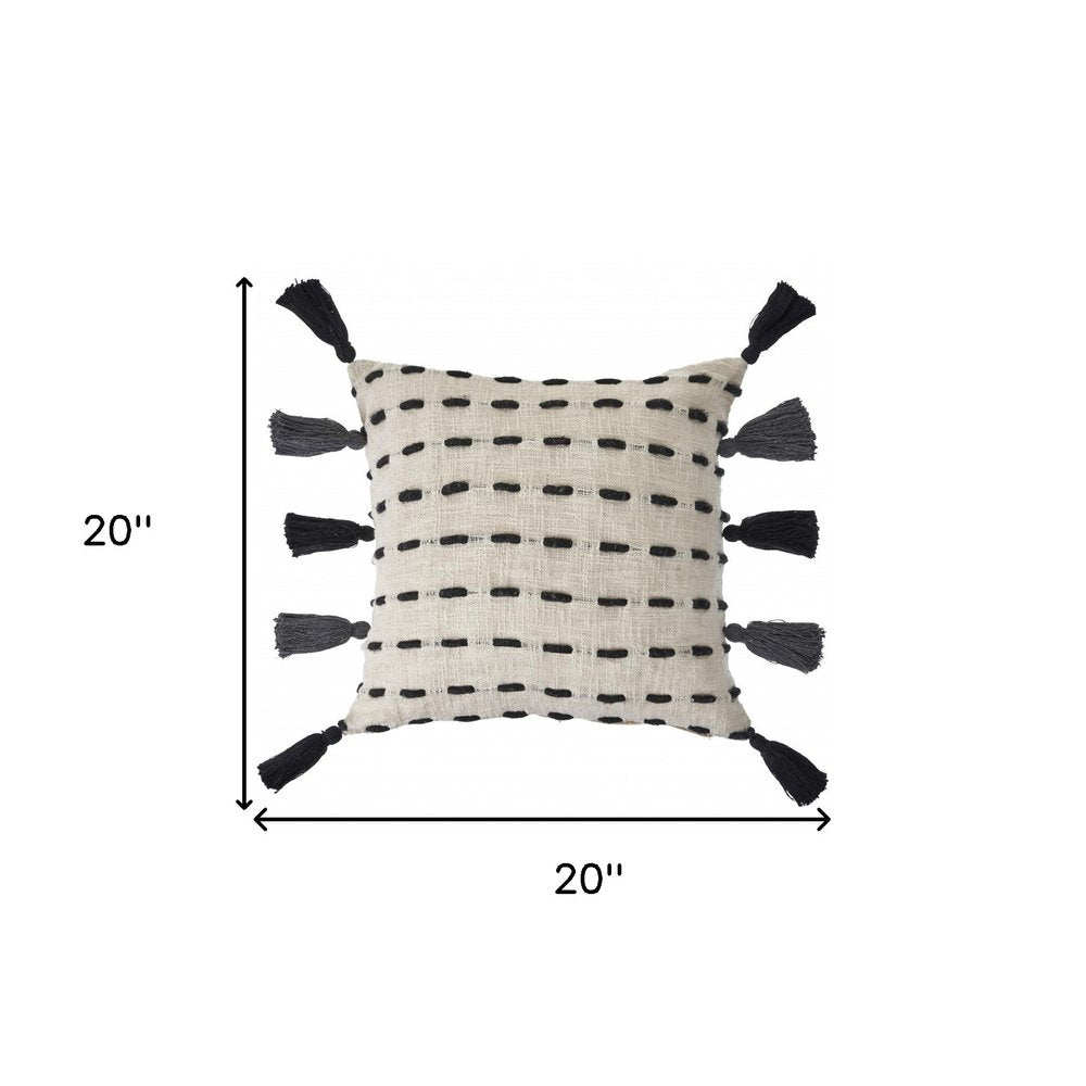 20" Black And Cream Cotton Geometric Throw Pillow with Tassels