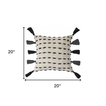 20" Black And Cream Cotton Geometric Throw Pillow with Tassels