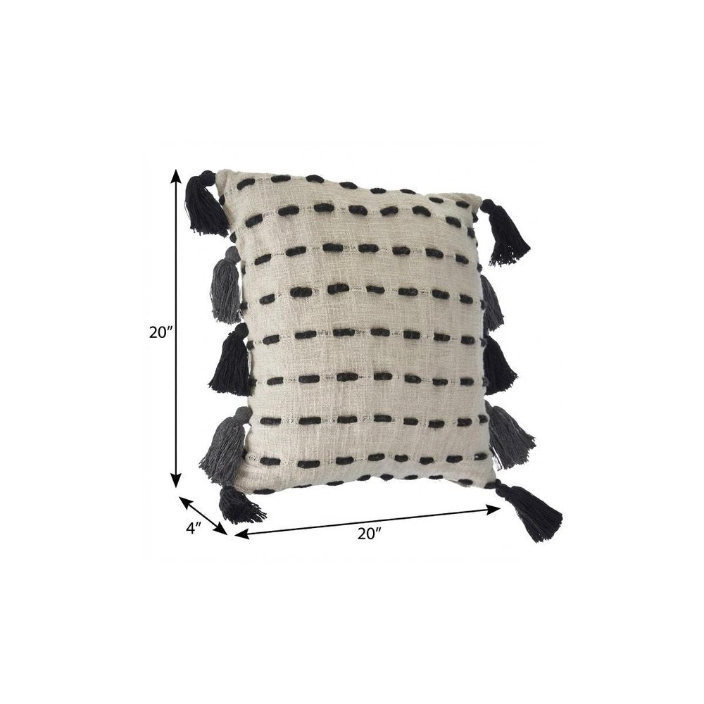20" Black And Cream Cotton Geometric Throw Pillow with Tassels