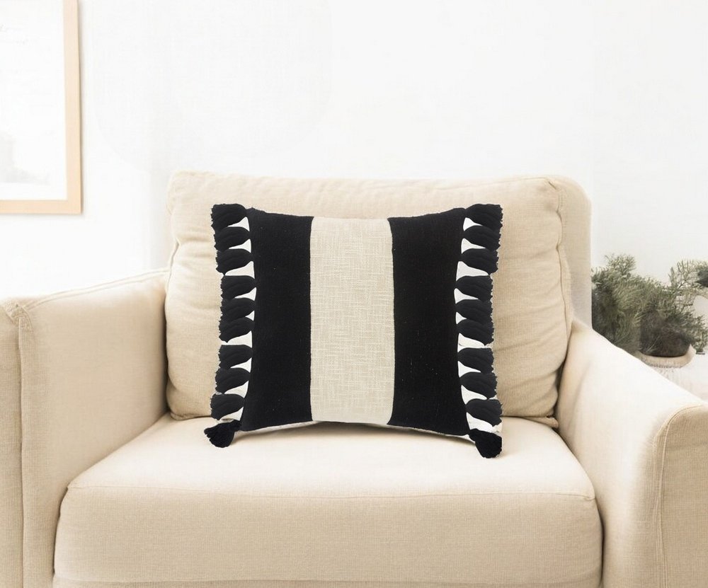20" X 20" Black And Ivory 100% Cotton Striped Zippered Pillow