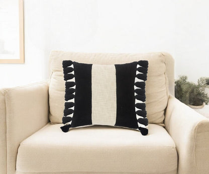 20" X 20" Black And Ivory 100% Cotton Striped Zippered Pillow