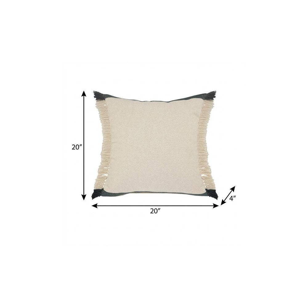 20" X 20" Juniper Green Dark Green White And Linen 100% Cotton Striped Zippered Pillow