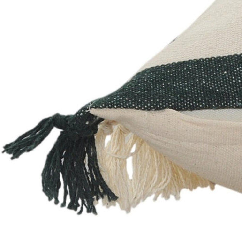 20" X 20" Juniper Green Dark Green White And Linen 100% Cotton Striped Zippered Pillow