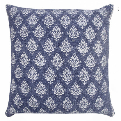 20" X 20" Vintage Indigo Blue And White 100% Cotton Geometric Zippered Pillow