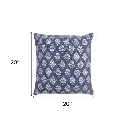 20" X 20" Vintage Indigo Blue And White 100% Cotton Geometric Zippered Pillow