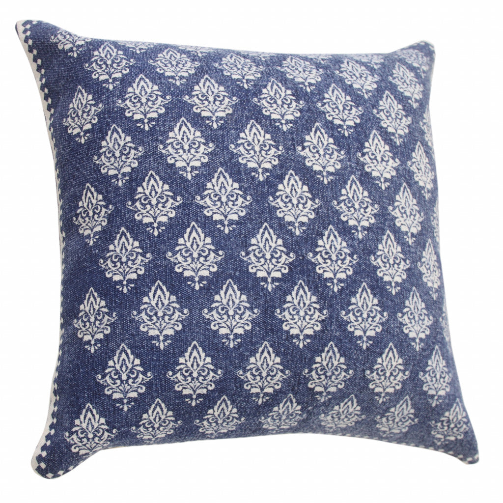 20" X 20" Vintage Indigo Blue And White 100% Cotton Geometric Zippered Pillow