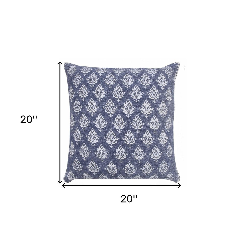 20" Indigo And White Cotton Motif Throw Pillow