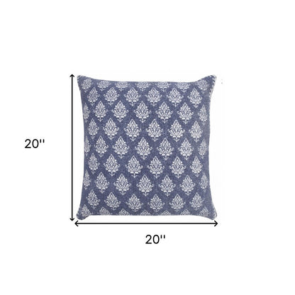 20" Indigo And White Cotton Motif Throw Pillow