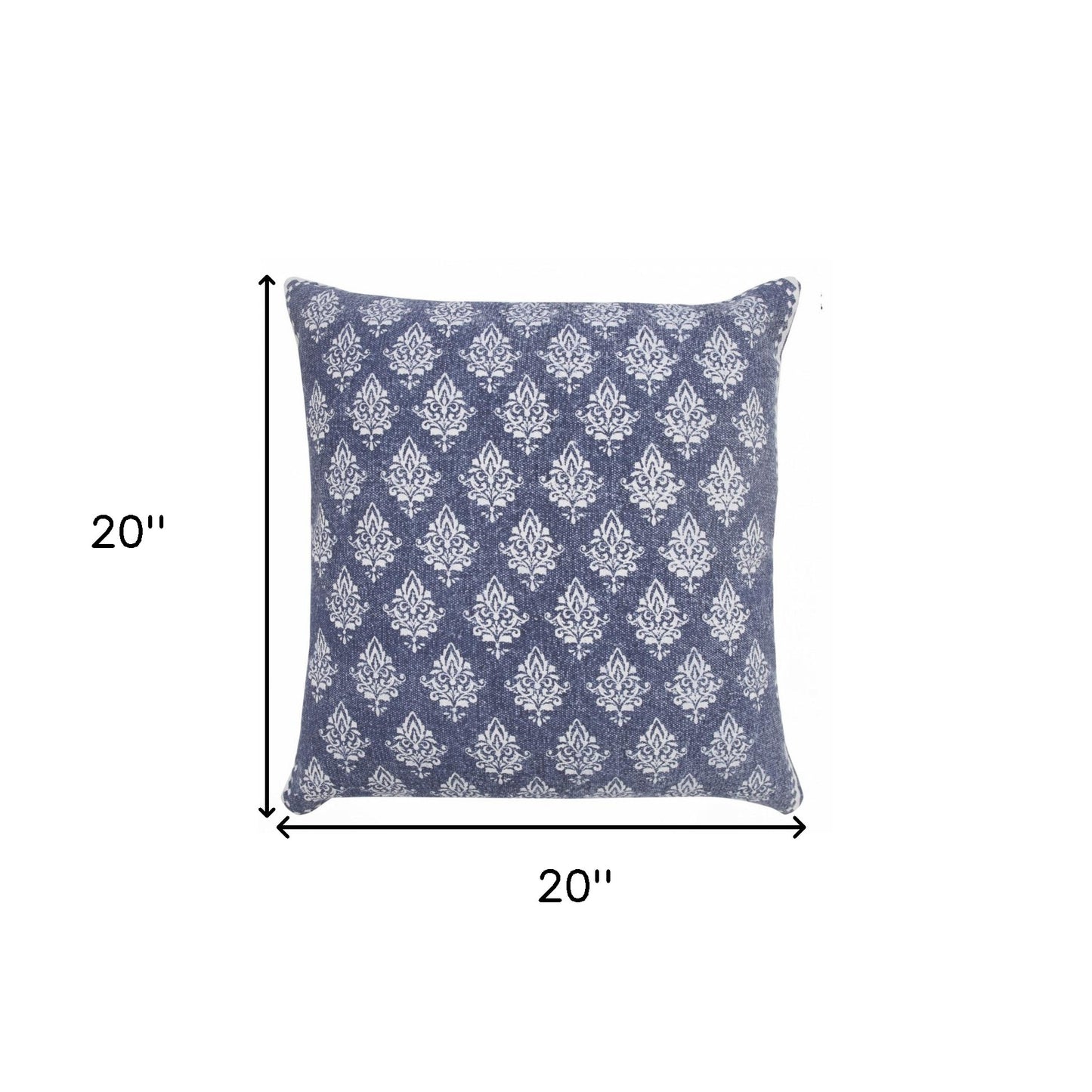 20" X 20" Vintage Indigo Blue And White 100% Cotton Geometric Zippered Pillow