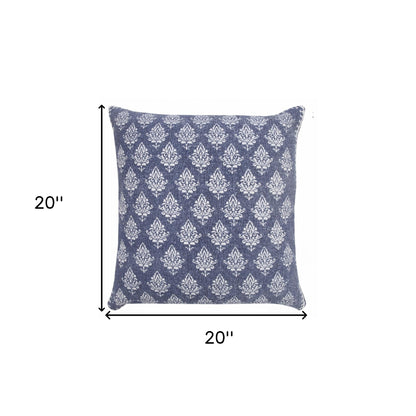 20" X 20" Vintage Indigo Blue And White 100% Cotton Geometric Zippered Pillow