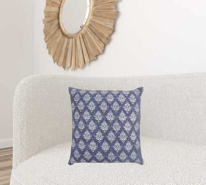 20" X 20" Vintage Indigo Blue And White 100% Cotton Geometric Zippered Pillow