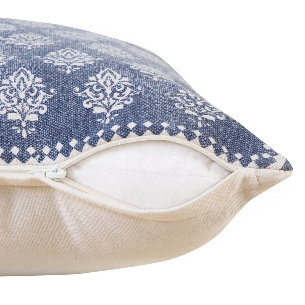 20" Indigo And White Cotton Motif Throw Pillow