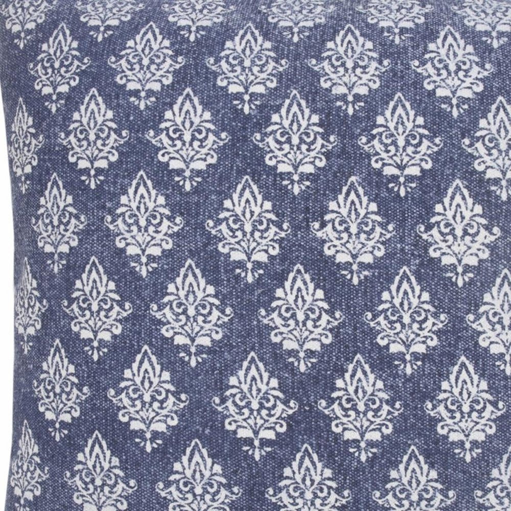 20" Indigo And White Cotton Motif Throw Pillow