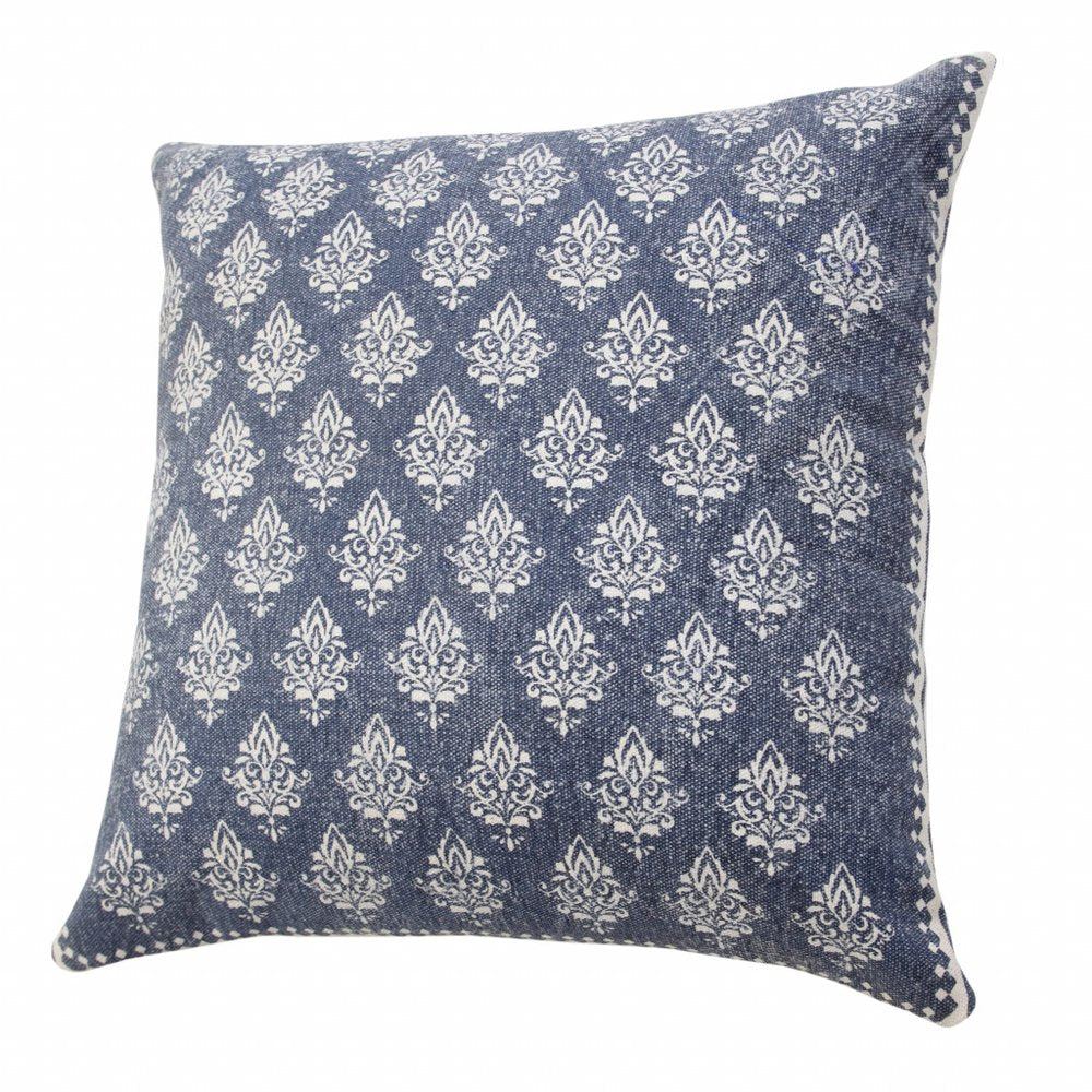 20" Indigo And White Cotton Motif Throw Pillow