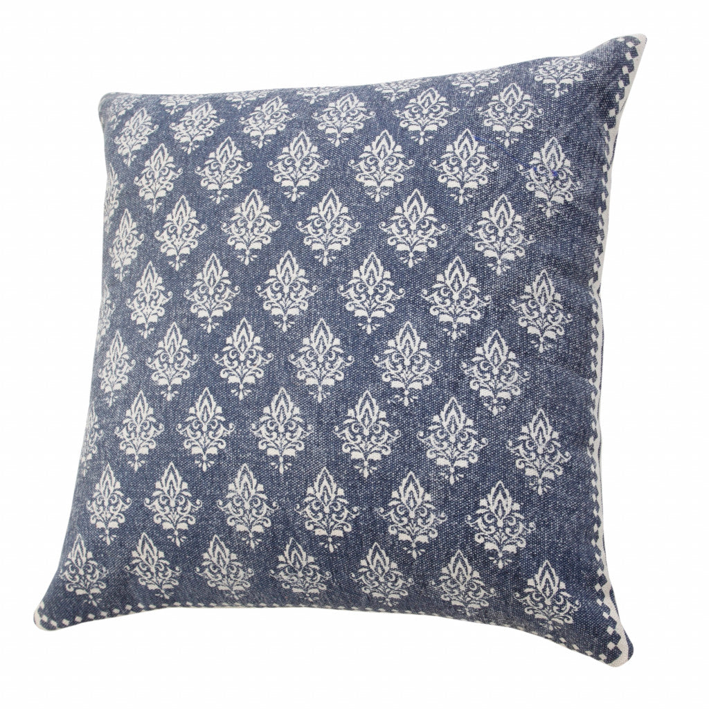 20" X 20" Vintage Indigo Blue And White 100% Cotton Geometric Zippered Pillow