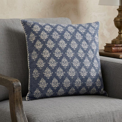 20" Indigo And White Cotton Motif Throw Pillow