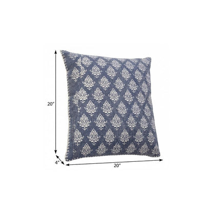 20" Indigo And White Cotton Motif Throw Pillow