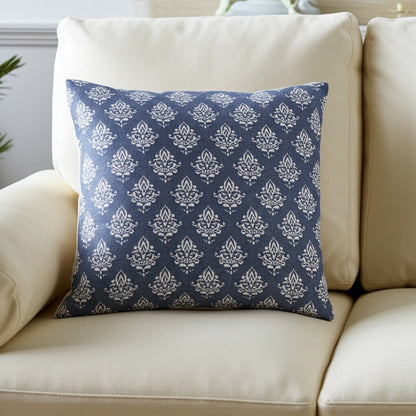 20" Indigo And White Cotton Motif Throw Pillow