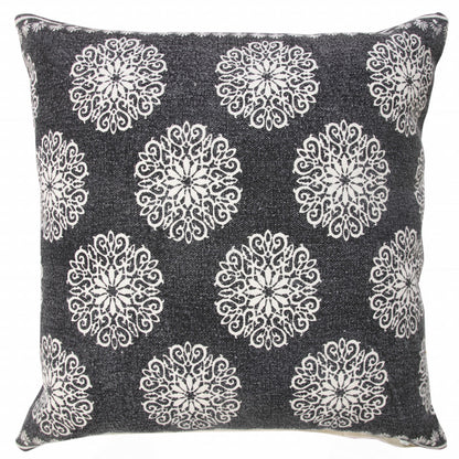 20" X 20" Dark Blue And White 100% Cotton Floral Zippered Pillow