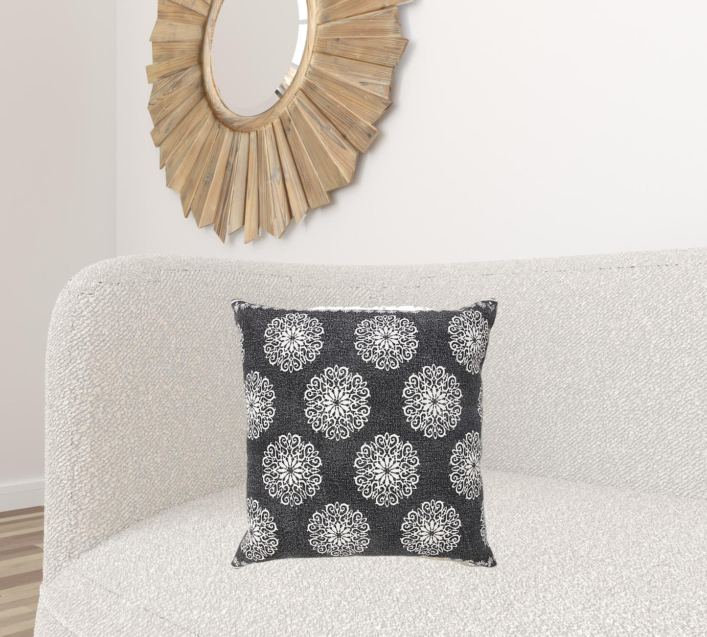 20" X 20" Dark Blue And White 100% Cotton Floral Zippered Pillow