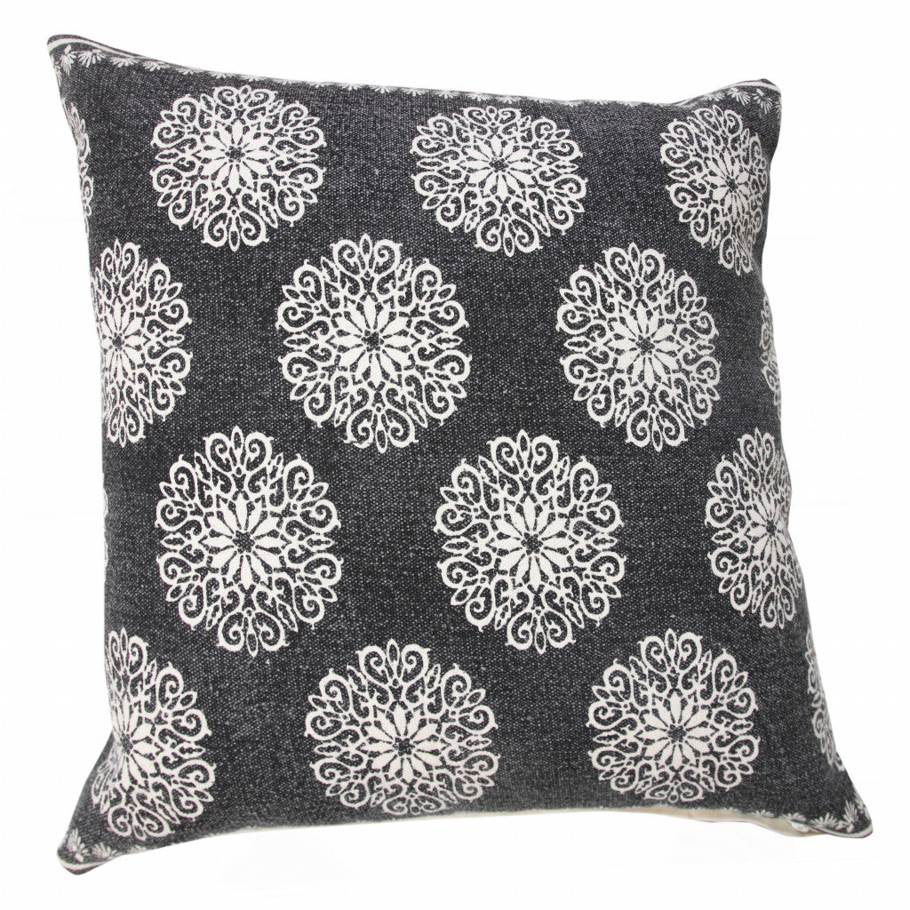 20" X 20" Dark Blue And White 100% Cotton Floral Zippered Pillow