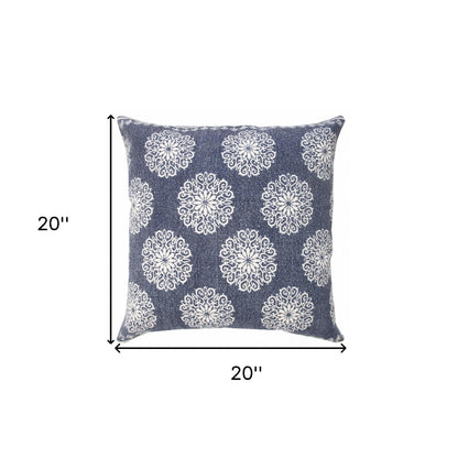 20" X 20" Dark Blue And White 100% Cotton Floral Zippered Pillow