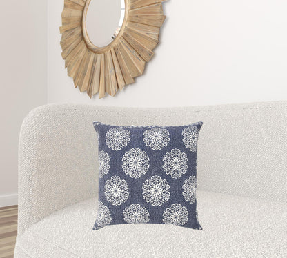 20" X 20" Dark Blue And White 100% Cotton Floral Zippered Pillow