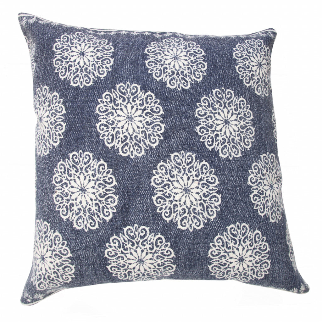 20" X 20" Dark Blue And White 100% Cotton Floral Zippered Pillow