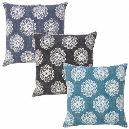 20" X 20" Dark Blue And White 100% Cotton Floral Zippered Pillow