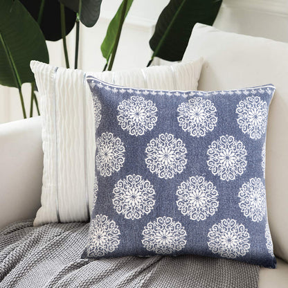 20" X 20" Dark Blue And White 100% Cotton Floral Zippered Pillow