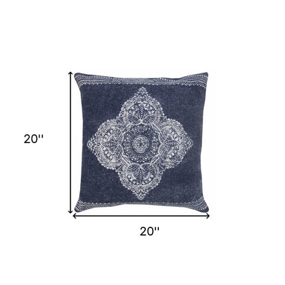 20" X 20" Dark Blue And White 100% Cotton Geometric Zippered Pillow