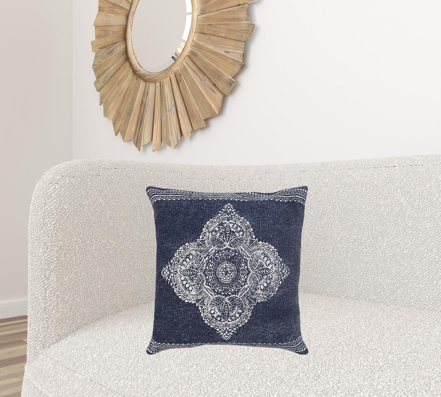 20" X 20" Dark Blue And White 100% Cotton Geometric Zippered Pillow