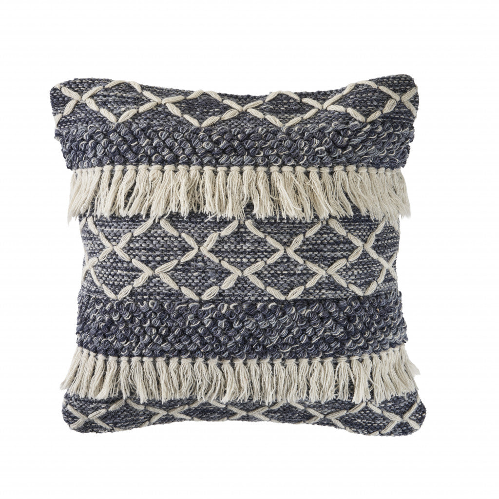 20" X 20" Navy And Ivory 100% Wool Geometric Zippered Pillow