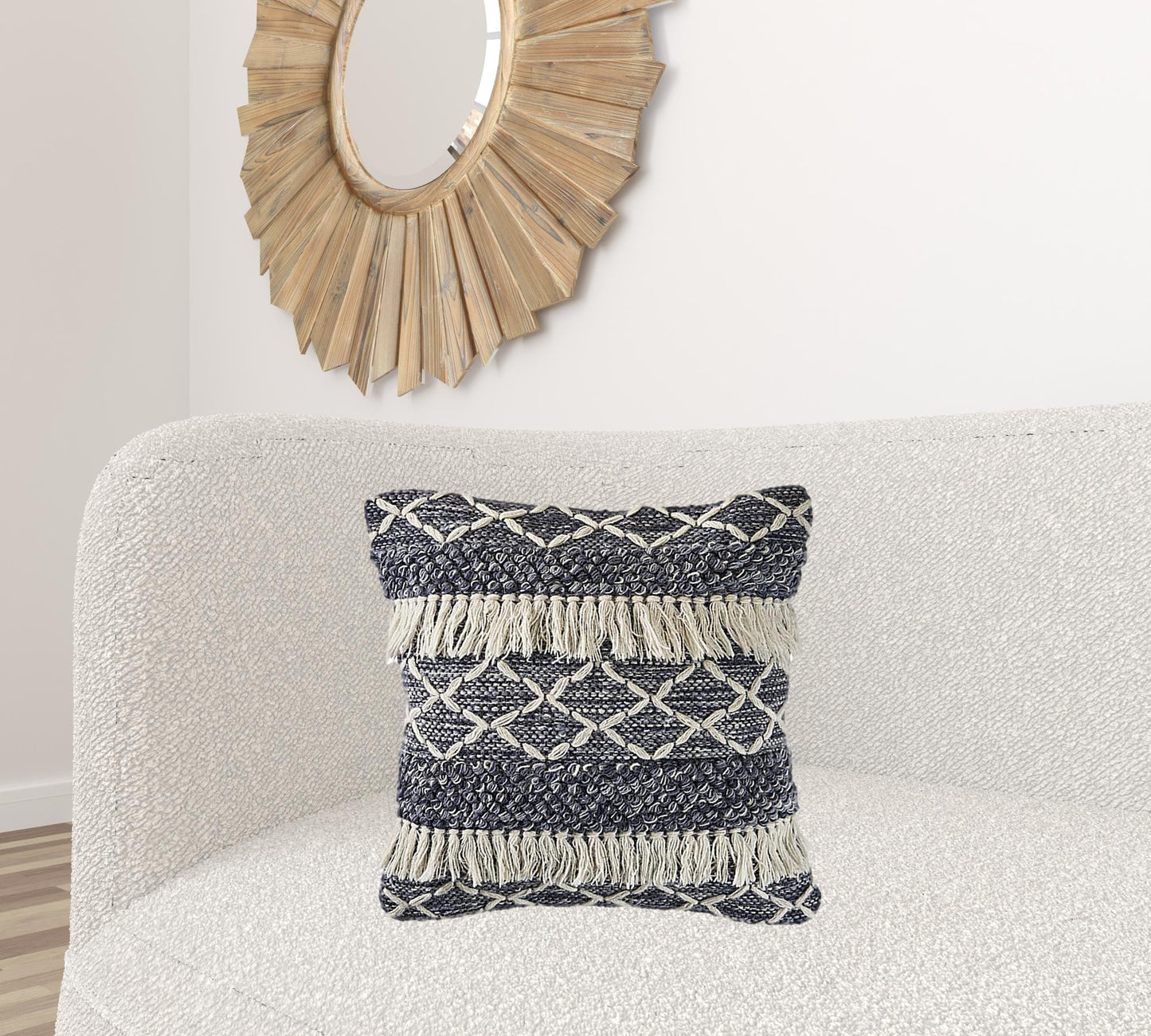 20" X 20" Navy And Ivory 100% Wool Geometric Zippered Pillow