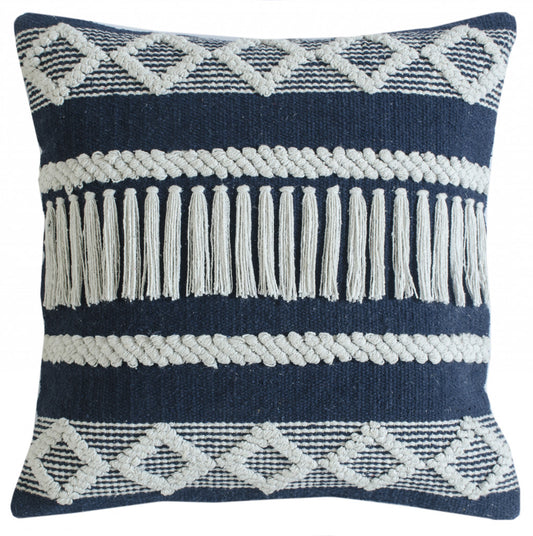 20" X 20" Blue And Ivory 100% Cotton Geometric Zippered Pillow