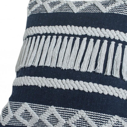 20" X 20" Blue And Ivory 100% Cotton Geometric Zippered Pillow