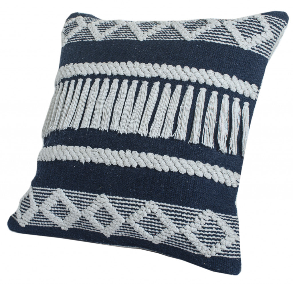 20" X 20" Blue And Ivory 100% Cotton Geometric Zippered Pillow