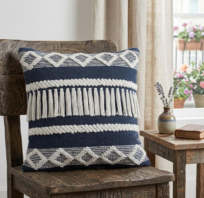 20" X 20" Blue And Ivory 100% Cotton Geometric Zippered Pillow