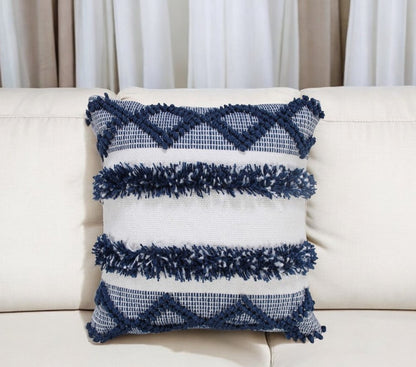 20" Navy Blue And White Fabric Coastal Throw Pillow
