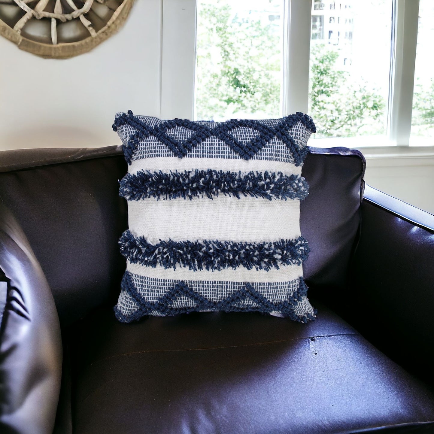 20" X 20" Navy Blue And White Polyester Coastal Zippered Pillow