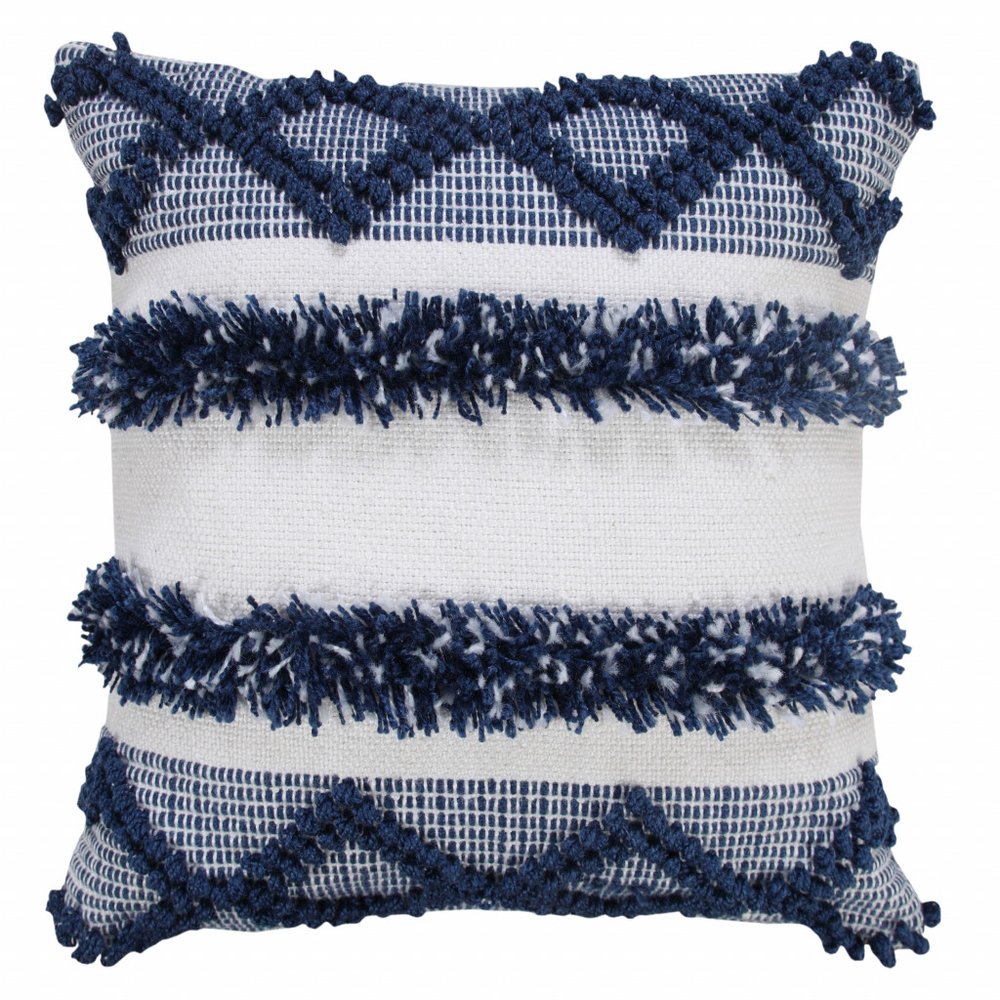 20" Navy Blue And White Fabric Coastal Throw Pillow