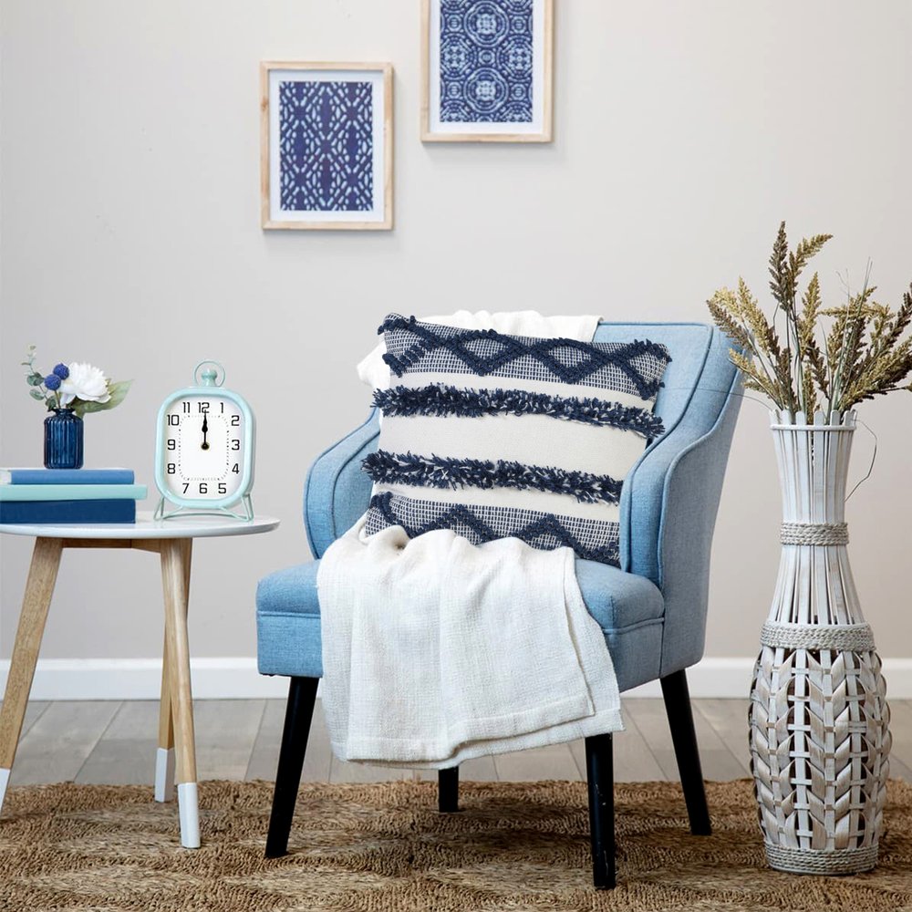 20" Navy Blue And White Fabric Coastal Throw Pillow