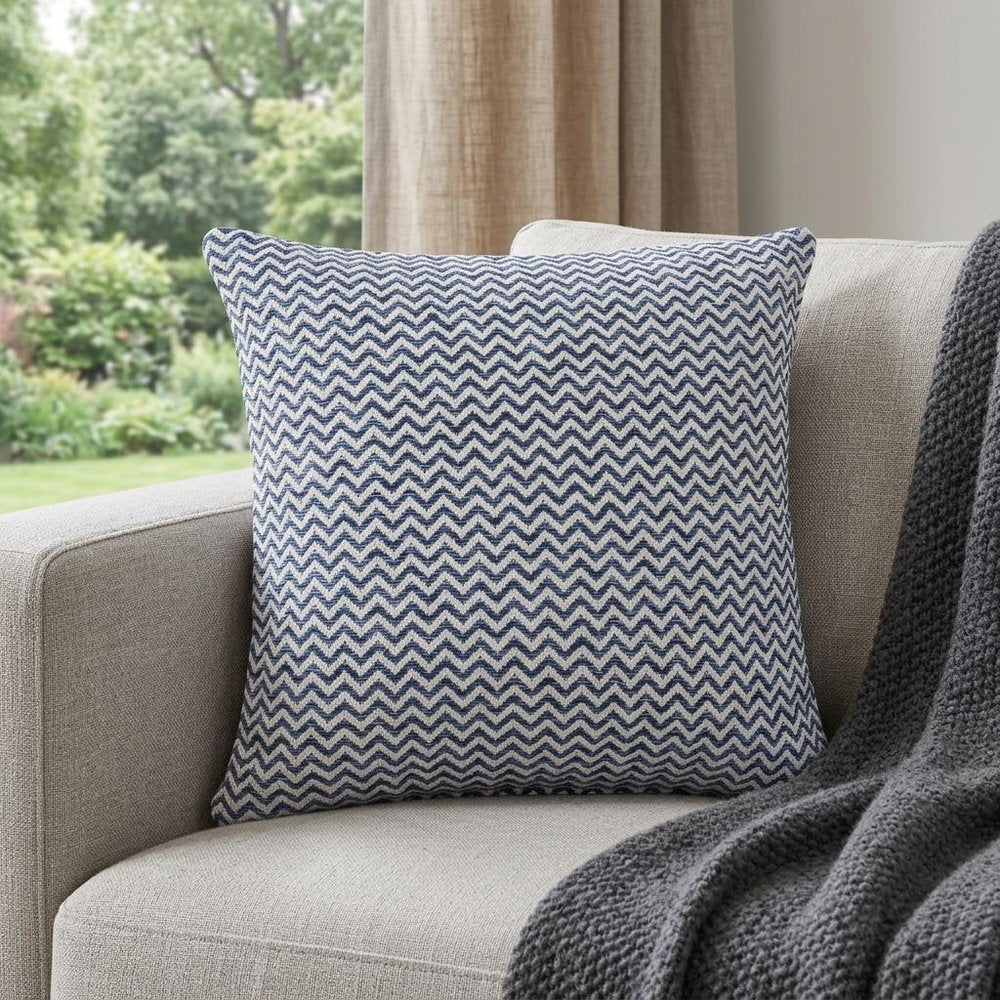 22" X 22" Navy Blue And White 100% Cotton Chevron Zippered Pillow
