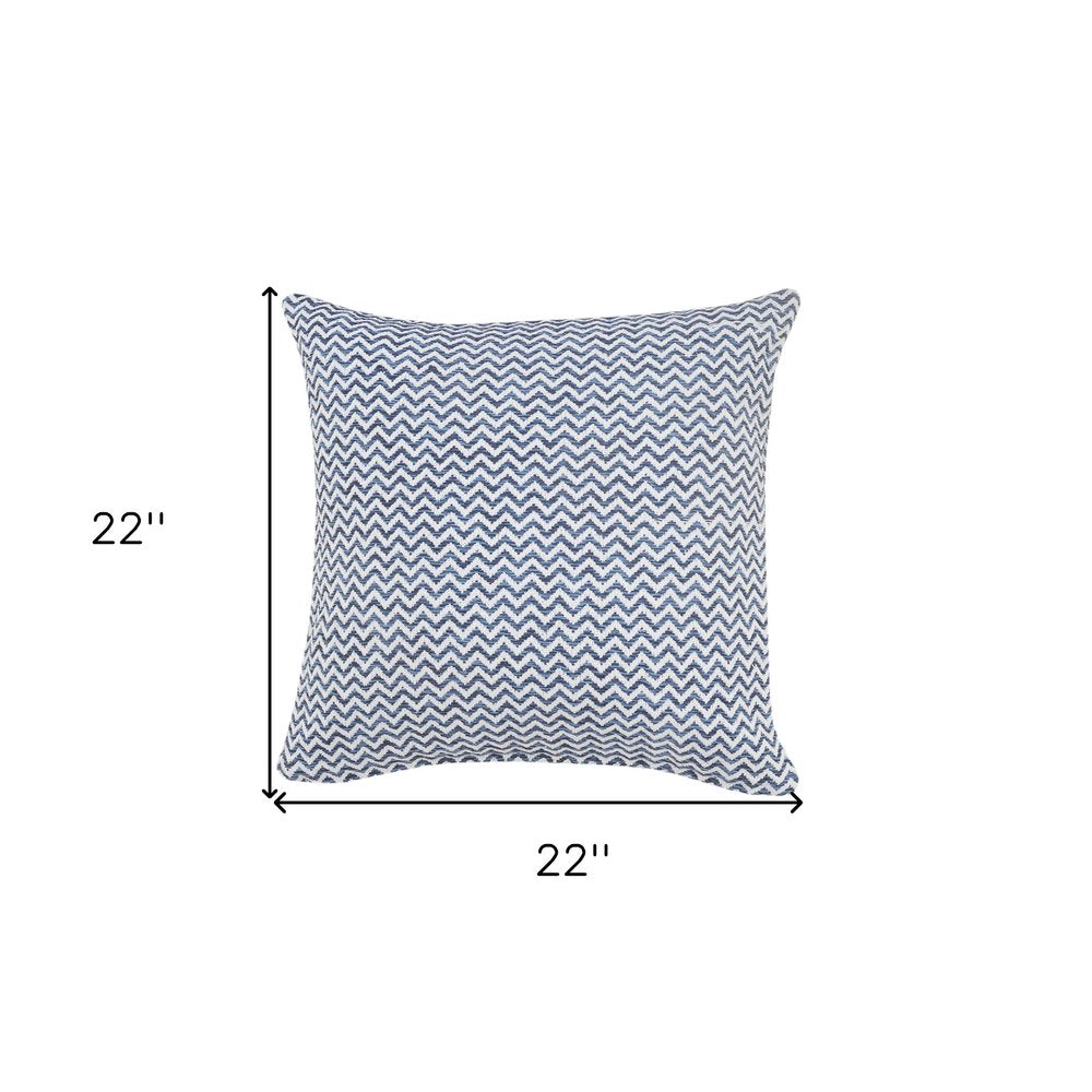 22" X 22" Navy Blue And White 100% Cotton Chevron Zippered Pillow