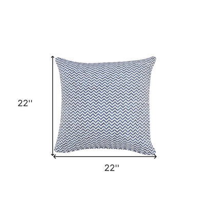 22" X 22" Navy Blue And White 100% Cotton Chevron Zippered Pillow